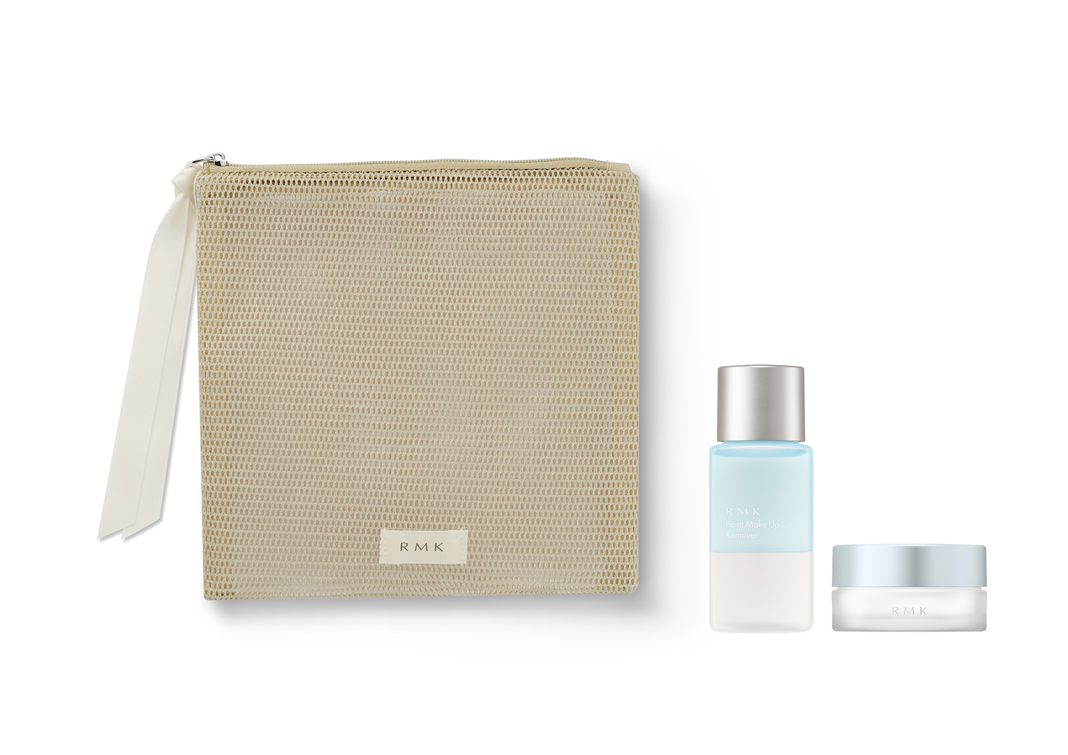 ①RMK オリジナル フラットポーチとミニサイズ*のクレンジング、フェイスパウダー